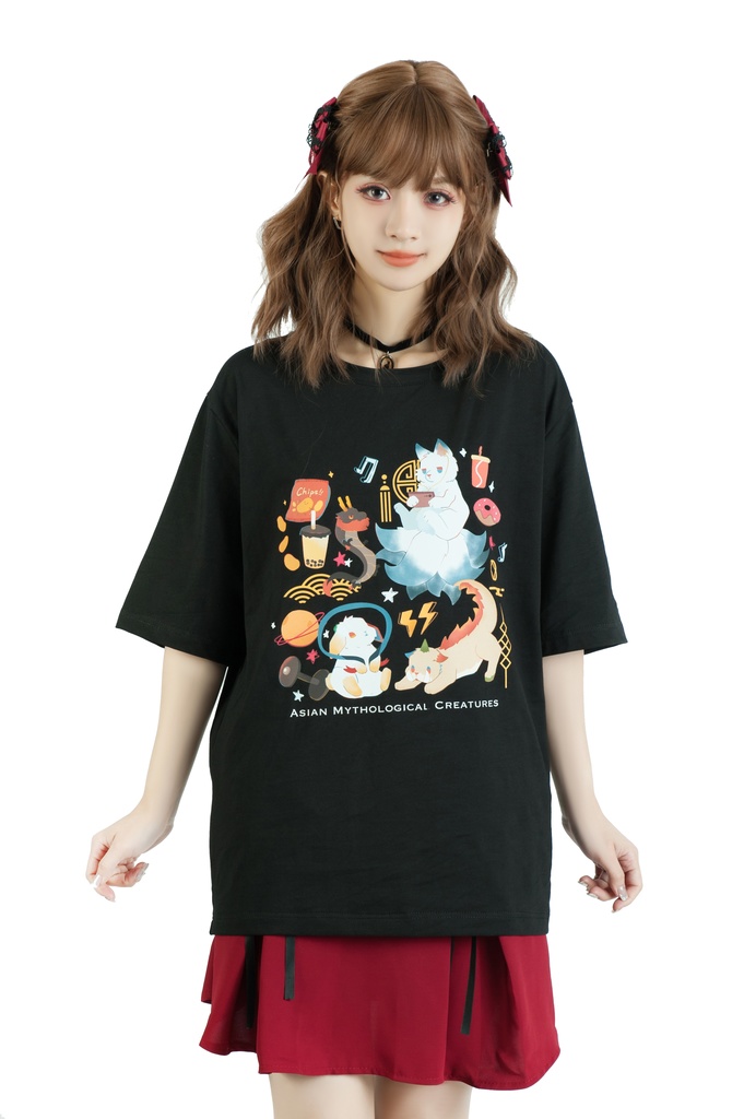 Jillpunk芝麻コラボアニメ 可愛い お宅 ニ次コン エジプト神話ベビー 東方神獸 マスコットモチーフプリント ゆったりサイズ 半袖 Tシャツ オリジナル メンズ レディーズ おしゃれ 男女兼用 ファッション 秋葉系