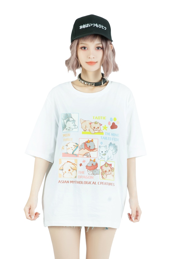 Jillpunk芝麻コラボアニメ 可愛い お宅 ニ次コン エジプト神話ベビー 東方神獸 マスコットモチーフプリント ゆったりサイズ 半袖 Tシャツ オリジナル メンズ レディーズ おしゃれ 男女兼用 ファッション 秋葉系