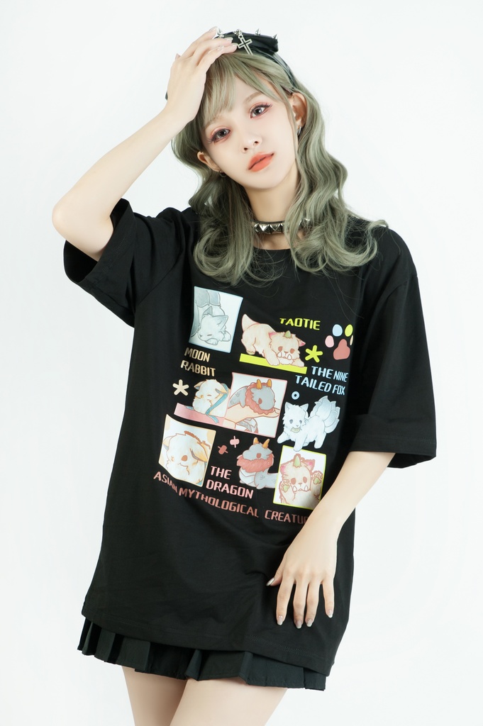 Jillpunk芝麻コラボアニメ 可愛い お宅 ニ次コン エジプト神話ベビー 東方神獸 マスコットモチーフプリント ゆったりサイズ 半袖 Tシャツ オリジナル メンズ レディーズ おしゃれ 男女兼用 ファッション 秋葉系