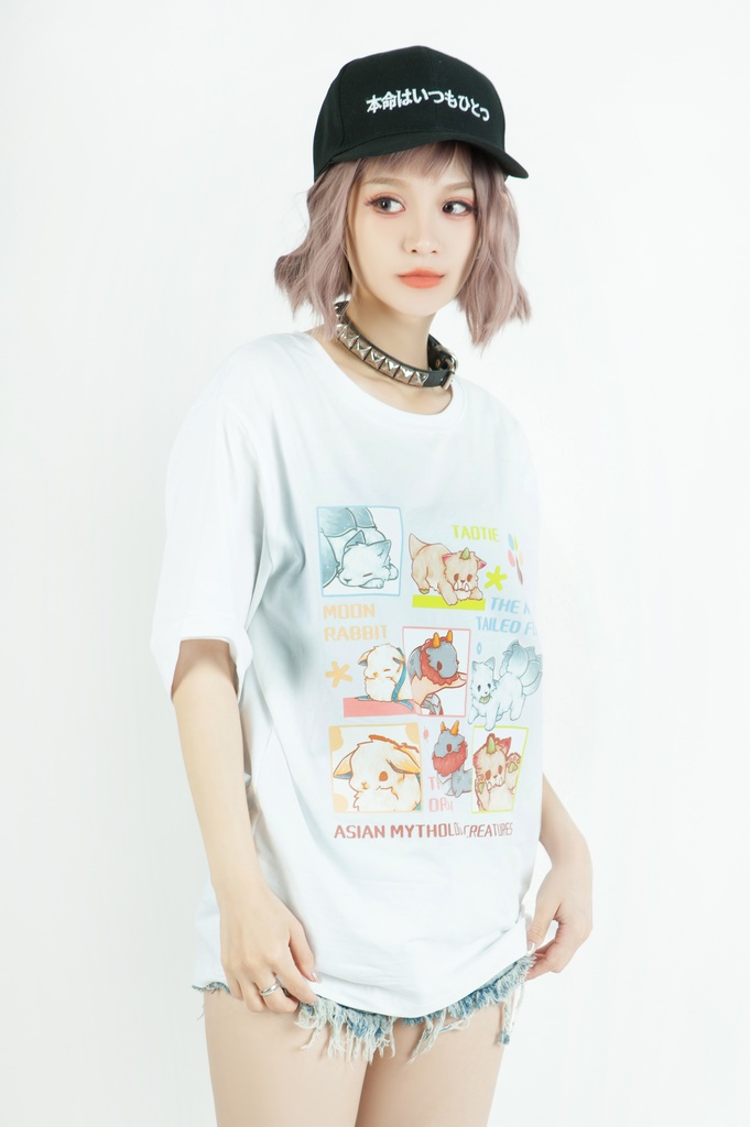 Jillpunk芝麻コラボアニメ 可愛い お宅 ニ次コン エジプト神話ベビー 東方神獸 マスコットモチーフプリント ゆったりサイズ 半袖 Tシャツ オリジナル メンズ レディーズ おしゃれ 男女兼用 ファッション 秋葉系