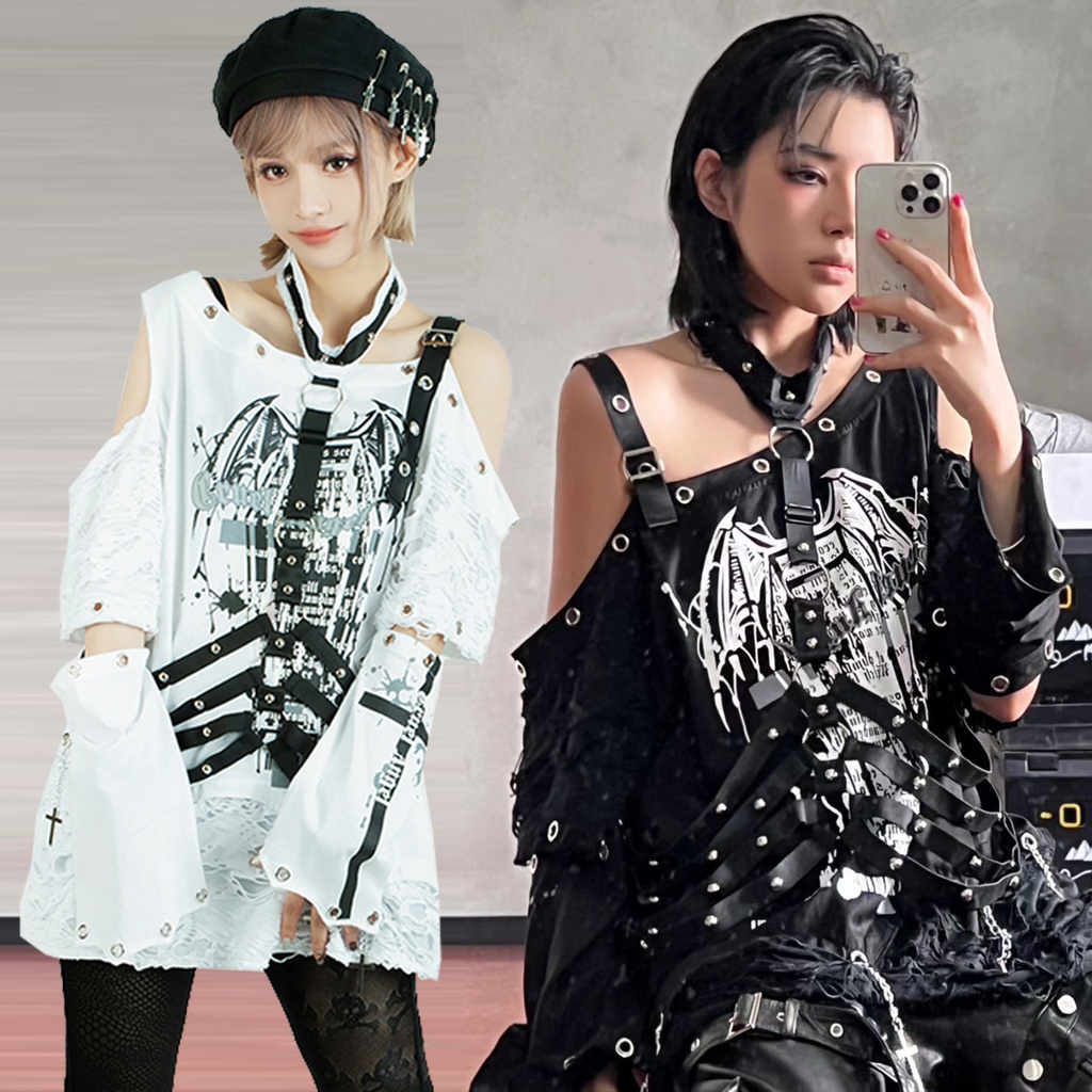 Jillpunk ヴィジュアル系 王道パンク ロック バンギャ V系ファッション 堕天使 骨翼柄 穴開き クラッシュ ハーネスストラップ付き 肩出しTシャツ アームカバー付きカットソー メンズ レディーズ V系 おしゃれ男女兼用カッコいい