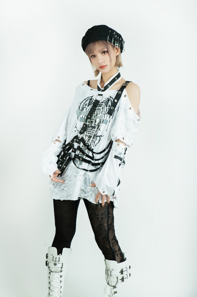 Jillpunk ヴィジュアル系 王道パンク ロック バンギャ V系ファッション 堕天使 骨翼柄 穴開き クラッシュ ハーネスストラップ付き 肩出しTシャツ アームカバー付きカットソー メンズ レディーズ V系 おしゃれ男女兼用カッコいい