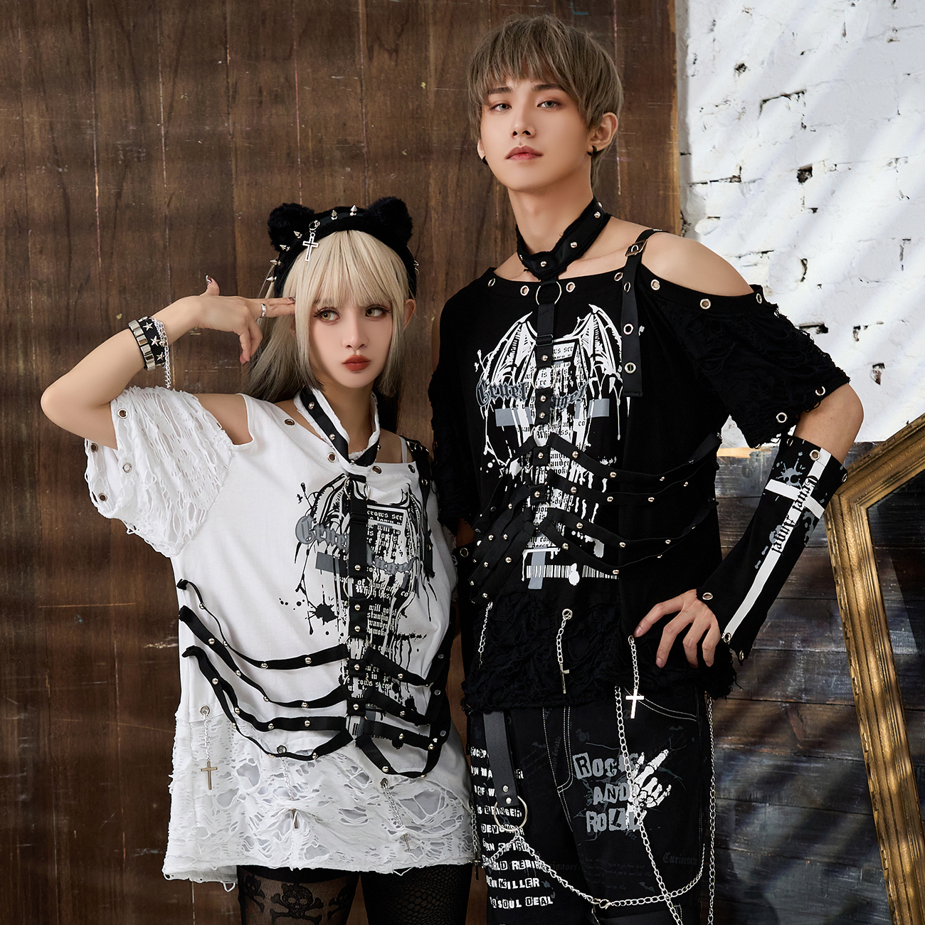 Jillpunk ヴィジュアル系 王道パンク ロック バンギャ V系ファッション 堕天使 骨翼柄 穴開き クラッシュ ハーネスストラップ付き ...