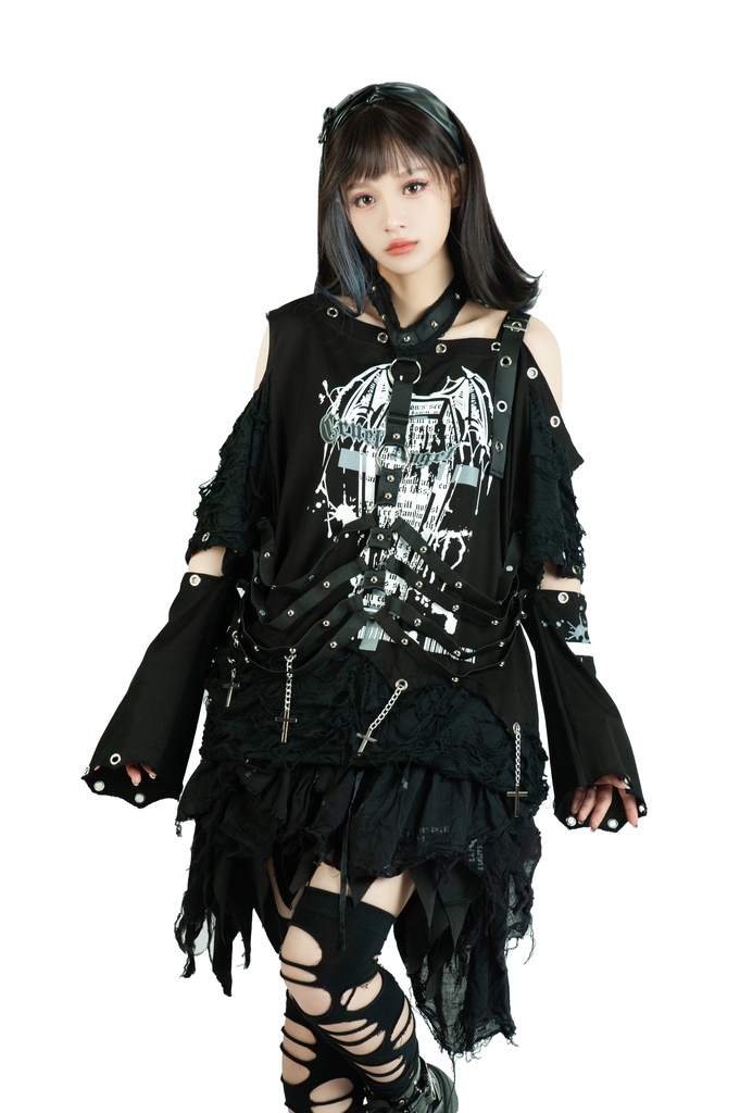 Jillpunk ヴィジュアル系 王道パンク ロック バンギャ V系ファッション 堕天使 骨翼柄 穴開き クラッシュ ハーネスストラップ付き 肩出しTシャツ アームカバー付きカットソー メンズ レディーズ V系 おしゃれ男女兼用カッコいい