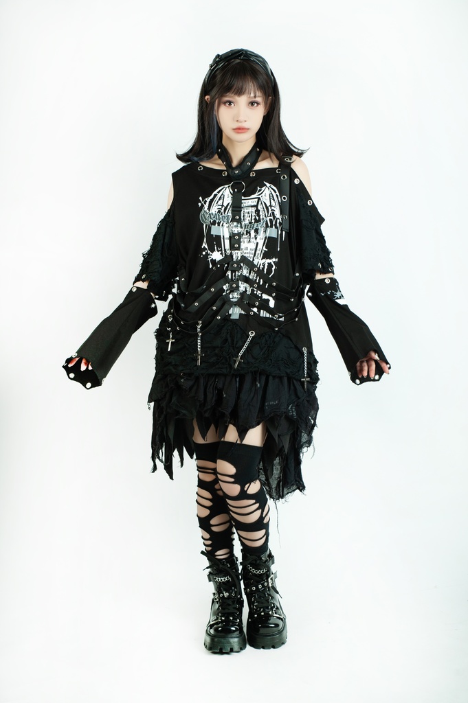 Jillpunk ヴィジュアル系 王道パンク ロック バンギャ V系ファッション 堕天使 骨翼柄 穴開き クラッシュ ハーネスストラップ付き 肩出しTシャツ アームカバー付きカットソー メンズ レディーズ V系 おしゃれ男女兼用カッコいい