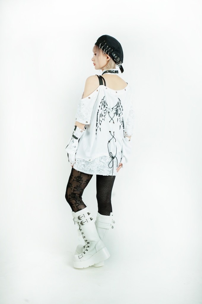 Jillpunk ヴィジュアル系 王道パンク ロック バンギャ V系ファッション 堕天使 骨翼柄 穴開き クラッシュ ハーネスストラップ付き 肩出しTシャツ アームカバー付きカットソー メンズ レディーズ V系 おしゃれ男女兼用カッコいい