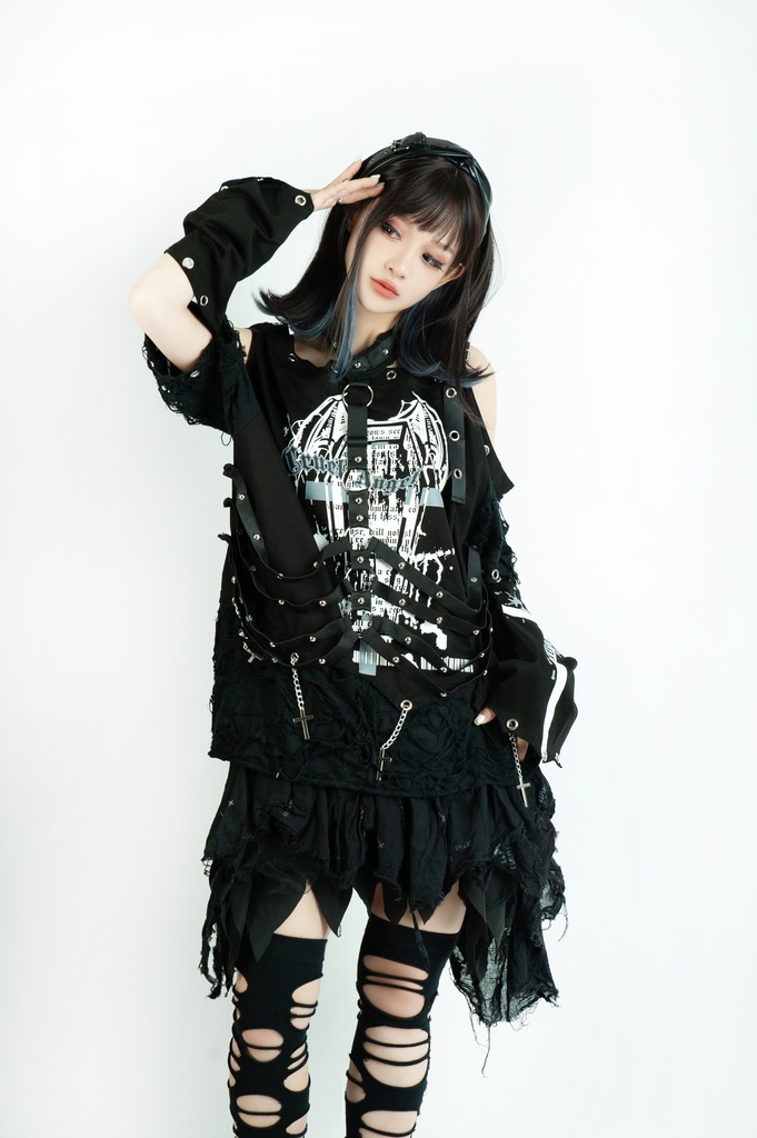 Jillpunk ヴィジュアル系 王道パンク ロック バンギャ V系ファッション 堕天使 骨翼柄 穴開き クラッシュ ハーネスストラップ付き 肩出しTシャツ アームカバー付きカットソー メンズ レディーズ V系 おしゃれ男女兼用カッコいい