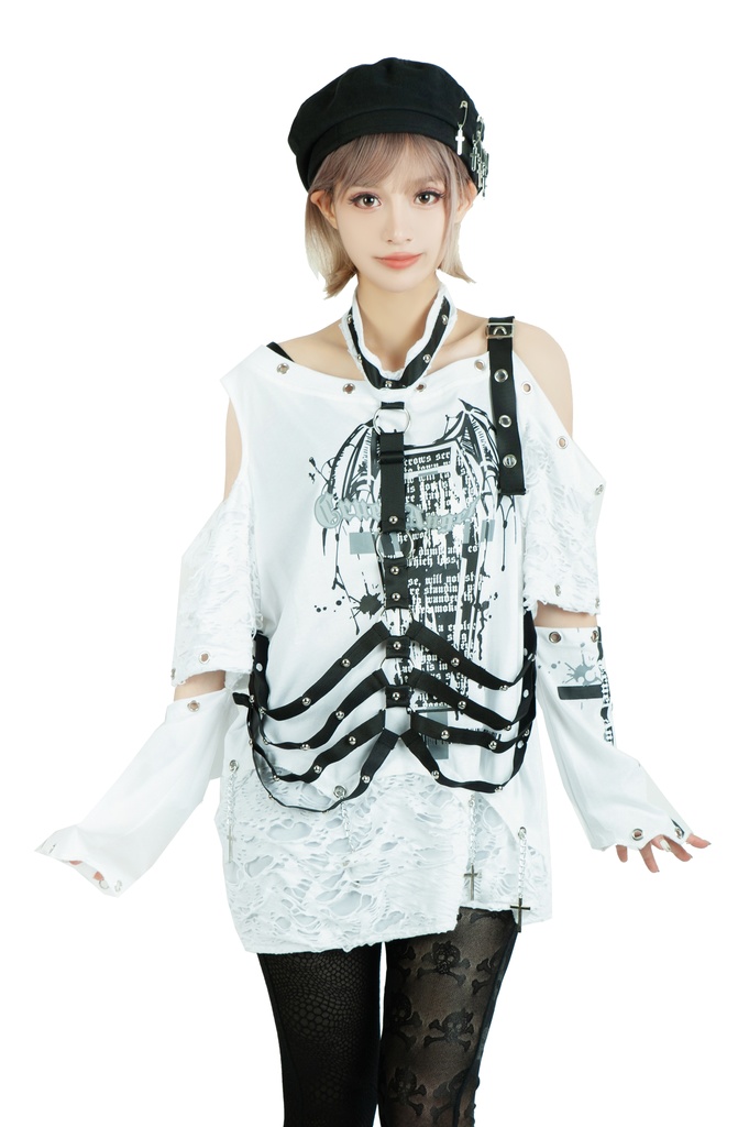Jillpunk ヴィジュアル系 王道パンク ロック バンギャ V系ファッション 堕天使 骨翼柄 穴開き クラッシュ ハーネスストラップ付き 肩出しTシャツ アームカバー付きカットソー メンズ レディーズ V系 おしゃれ男女兼用カッコいい
