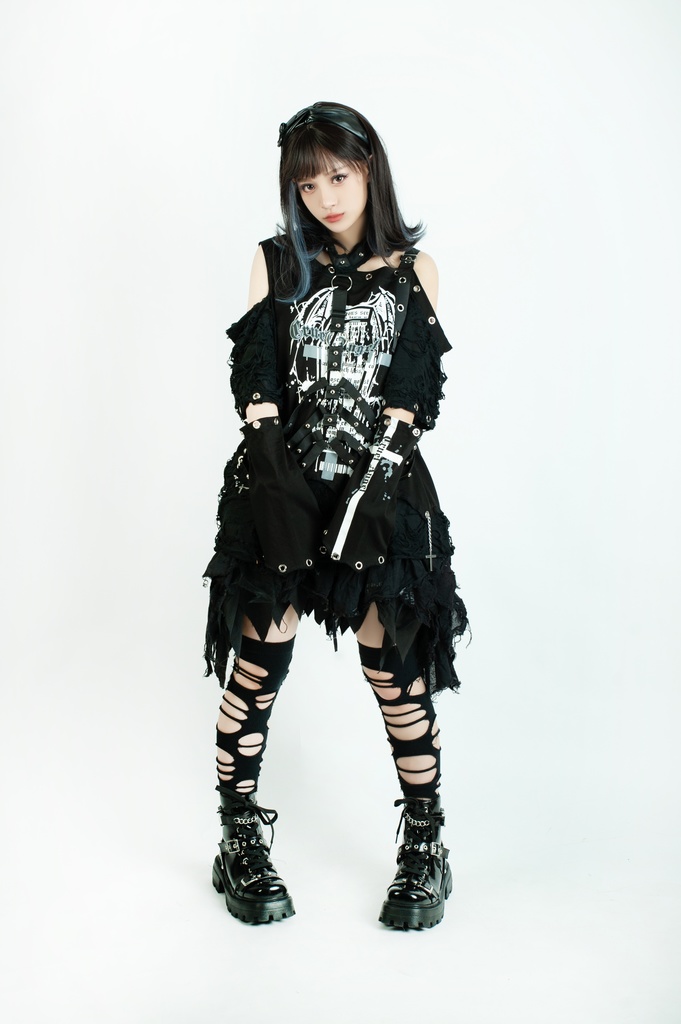 Jillpunk ヴィジュアル系 王道パンク ロック バンギャ V系ファッション 堕天使 骨翼柄 穴開き クラッシュ ハーネスストラップ付き 肩出しTシャツ アームカバー付きカットソー メンズ レディーズ V系 おしゃれ男女兼用カッコいい