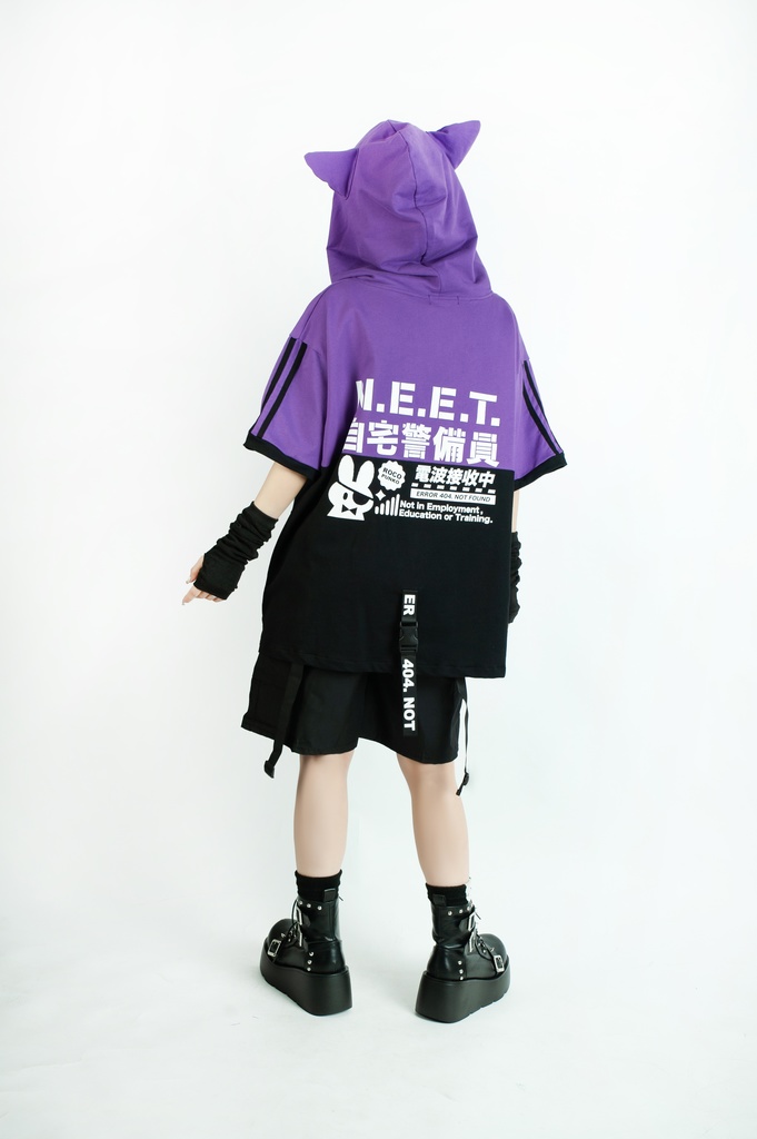 Jillpunk可愛いお宅 アニメ ニ次コン 機動警察 NEET 自宅警備員 電波ネコ ジッパーネック 工業風ポケット 猫耳 樹脂バックルベルト付き ゆったり半袖 パーカー オリジナル メンズ レディーズ おしゃれ 男女兼用 ファッション 秋葉系