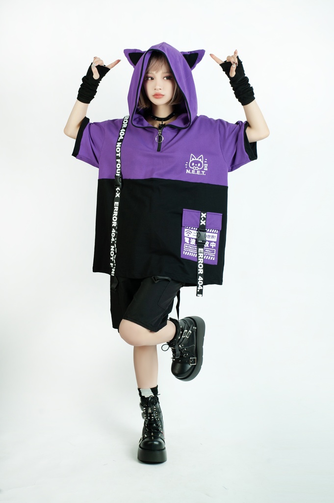 Jillpunk可愛いお宅 アニメ ニ次コン 機動警察 NEET 自宅警備員 電波ネコ ジッパーネック 工業風ポケット 猫耳 樹脂バックルベルト付き ゆったり半袖 パーカー オリジナル メンズ レディーズ おしゃれ 男女兼用 ファッション 秋葉系