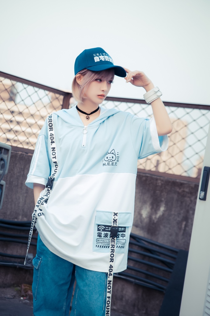 Jillpunk可愛いお宅 アニメ ニ次コン 機動警察 NEET 自宅警備員 電波ネコ ジッパーネック 工業風ポケット 猫耳 樹脂バックルベルト付き ゆったり半袖 パーカー オリジナル メンズ レディーズ おしゃれ 男女兼用 ファッション 秋葉系