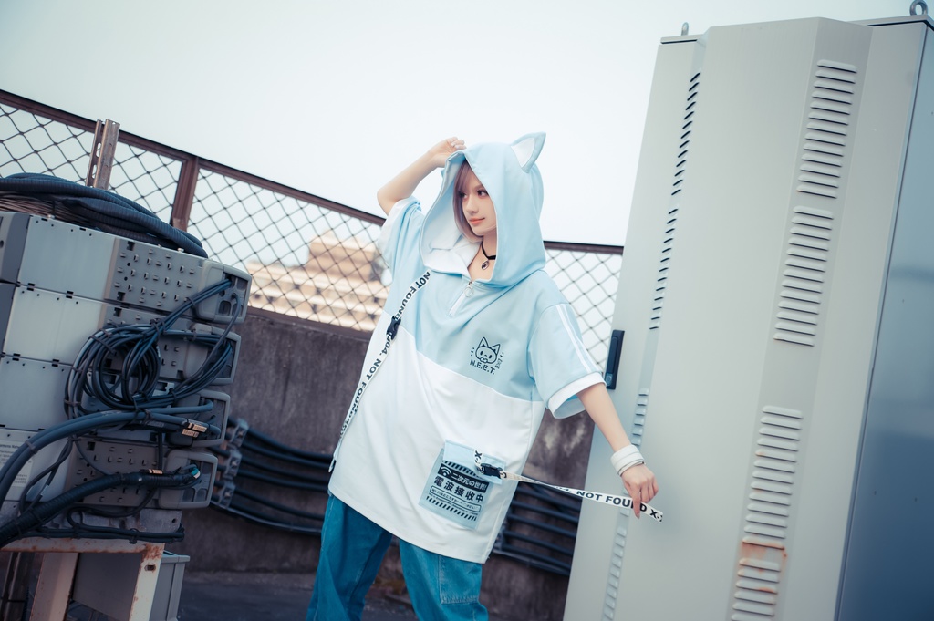 Jillpunk可愛いお宅 アニメ ニ次コン 機動警察 NEET 自宅警備員 電波ネコ ジッパーネック 工業風ポケット 猫耳 樹脂バックルベルト付き ゆったり半袖 パーカー オリジナル メンズ レディーズ おしゃれ 男女兼用 ファッション 秋葉系