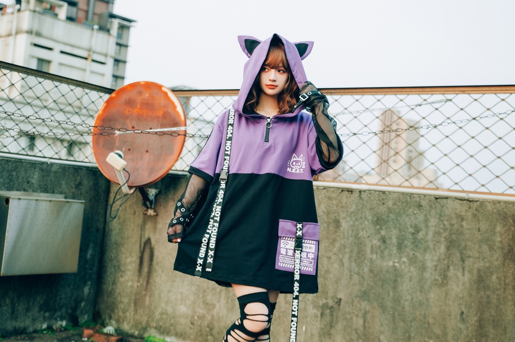 Jillpunk可愛いお宅 アニメ ニ次コン 機動警察 NEET 自宅警備員 電波ネコ ジッパーネック 工業風ポケット 猫耳 樹脂バックルベルト付き ゆったり半袖 パーカー オリジナル メンズ レディーズ おしゃれ 男女兼用 ファッション 秋葉系