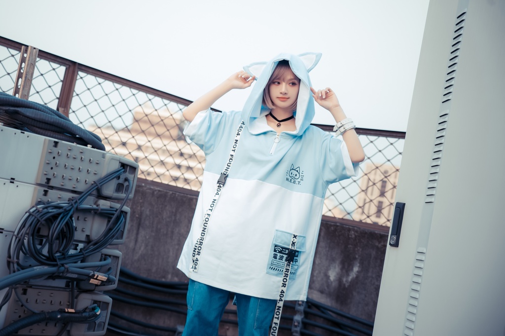 Jillpunk可愛いお宅 アニメ ニ次コン 機動警察 NEET 自宅警備員 電波ネコ ジッパーネック 工業風ポケット 猫耳 樹脂バックルベルト付き ゆったり半袖 パーカー オリジナル メンズ レディーズ おしゃれ 男女兼用 ファッション 秋葉系