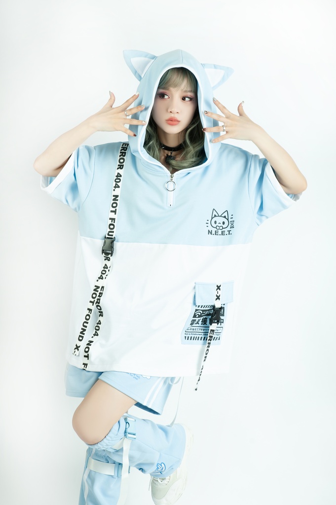 Jillpunk可愛いお宅 アニメ ニ次コン 機動警察 NEET 自宅警備員 電波ネコ ジッパーネック 工業風ポケット 猫耳 樹脂バックルベルト付き ゆったり半袖 パーカー オリジナル メンズ レディーズ おしゃれ 男女兼用 ファッション 秋葉系