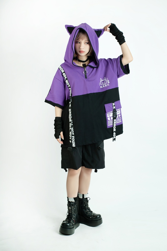 Jillpunk可愛いお宅 アニメ ニ次コン 機動警察 NEET 自宅警備員 電波ネコ ジッパーネック 工業風ポケット 猫耳 樹脂バックルベルト付き ゆったり半袖 パーカー オリジナル メンズ レディーズ おしゃれ 男女兼用 ファッション 秋葉系