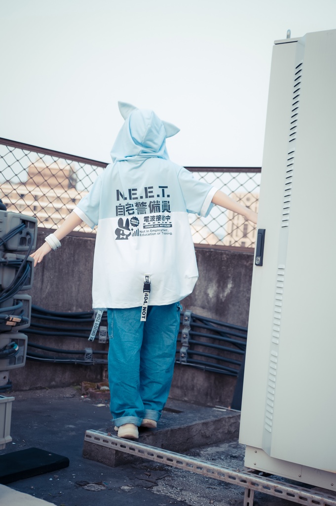 Jillpunk可愛いお宅 アニメ ニ次コン 機動警察 NEET 自宅警備員 電波ネコ ジッパーネック 工業風ポケット 猫耳 樹脂バックルベルト付き ゆったり半袖 パーカー オリジナル メンズ レディーズ おしゃれ 男女兼用 ファッション 秋葉系