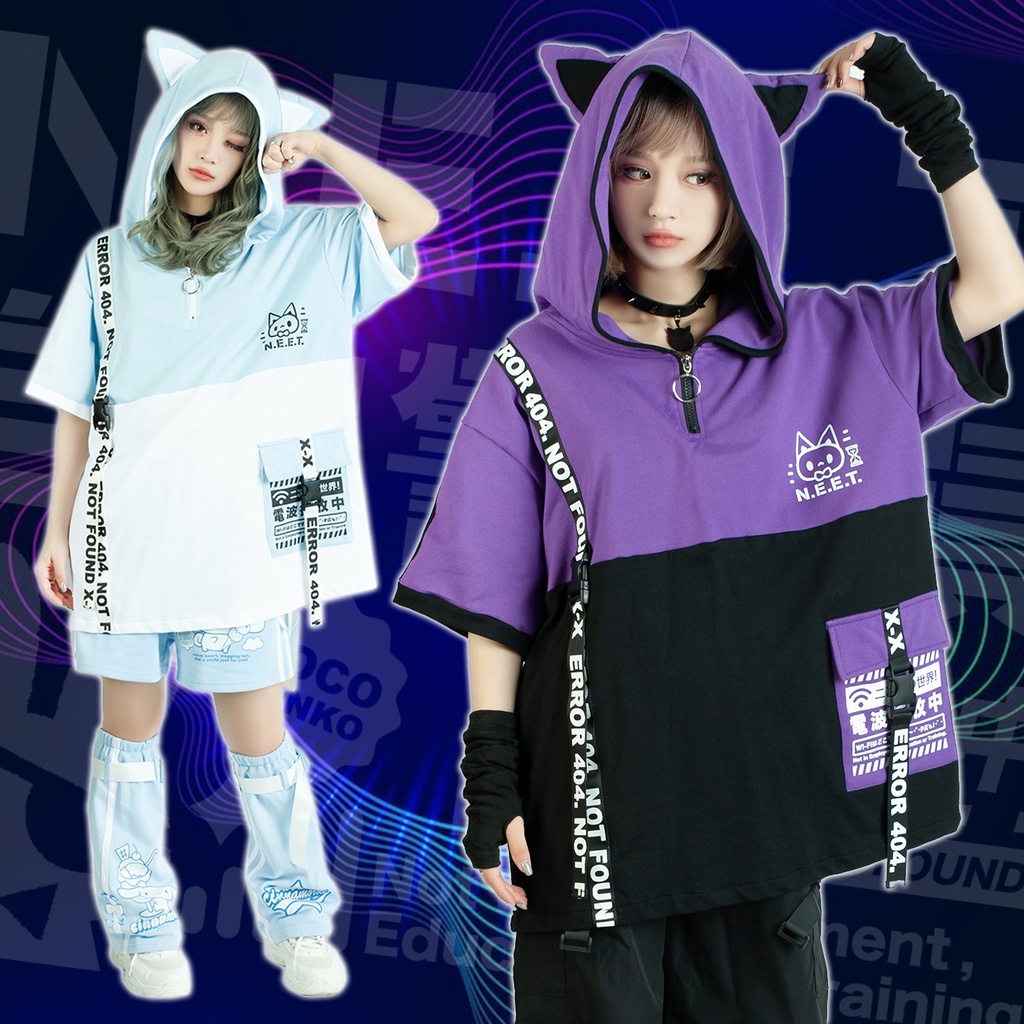 Jillpunk可愛いお宅 アニメ ニ次コン 機動警察 NEET 自宅警備員 電波ネコ ジッパーネック 工業風ポケット 猫耳 樹脂バックルベルト付き ゆったり半袖 パーカー オリジナル メンズ レディーズ おしゃれ 男女兼用 ファッション 秋葉系