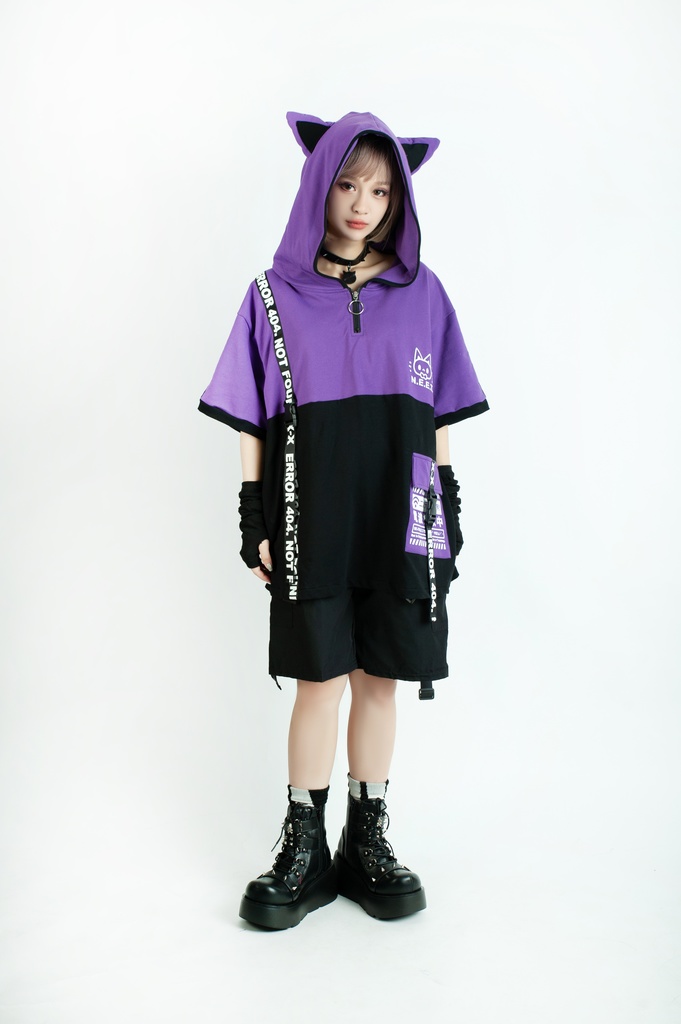 Jillpunk可愛いお宅 アニメ ニ次コン 機動警察 NEET 自宅警備員 電波ネコ ジッパーネック 工業風ポケット 猫耳 樹脂バックルベルト付き ゆったり半袖 パーカー オリジナル メンズ レディーズ おしゃれ 男女兼用 ファッション 秋葉系