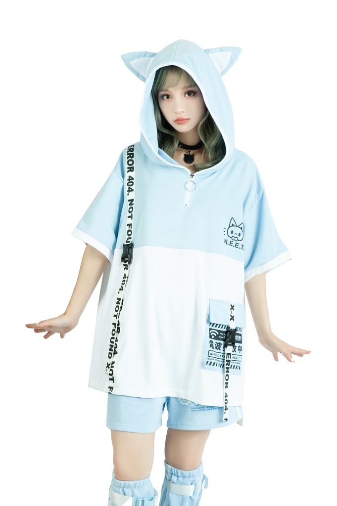 Jillpunk可愛いお宅 アニメ ニ次コン 機動警察 NEET 自宅警備員 電波ネコ ジッパーネック 工業風ポケット 猫耳 樹脂バックルベルト付き ゆったり半袖 パーカー オリジナル メンズ レディーズ おしゃれ 男女兼用 ファッション 秋葉系