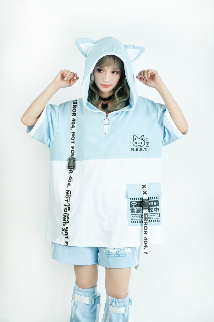 Jillpunk可愛いお宅 アニメ ニ次コン 機動警察 NEET 自宅警備員 電波ネコ ジッパーネック 工業風ポケット 猫耳 樹脂バックルベルト付き ゆったり半袖 パーカー オリジナル メンズ レディーズ おしゃれ 男女兼用 ファッション 秋葉系