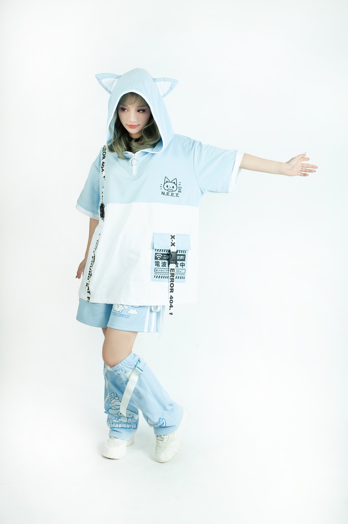 Jillpunk可愛いお宅 アニメ ニ次コン 機動警察 NEET 自宅警備員 電波ネコ ジッパーネック 工業風ポケット 猫耳 樹脂バックルベルト付き ゆったり半袖 パーカー オリジナル メンズ レディーズ おしゃれ 男女兼用 ファッション 秋葉系