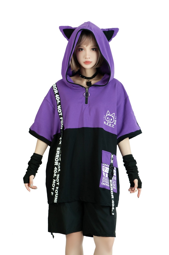 Jillpunk可愛いお宅 アニメ ニ次コン 機動警察 NEET 自宅警備員 電波ネコ ジッパーネック 工業風ポケット 猫耳 樹脂バックルベルト付き ゆったり半袖 パーカー オリジナル メンズ レディーズ おしゃれ 男女兼用 ファッション 秋葉系