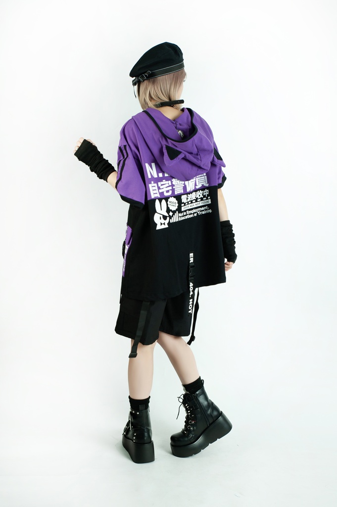 Jillpunk可愛いお宅 アニメ ニ次コン 機動警察 NEET 自宅警備員 電波ネコ ジッパーネック 工業風ポケット 猫耳 樹脂バックルベルト付き ゆったり半袖 パーカー オリジナル メンズ レディーズ おしゃれ 男女兼用 ファッション 秋葉系