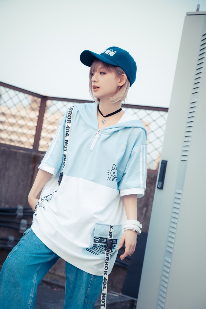 Jillpunk可愛いお宅 アニメ ニ次コン 機動警察 NEET 自宅警備員 電波ネコ ジッパーネック 工業風ポケット 猫耳 樹脂バックルベルト付き ゆったり半袖 パーカー オリジナル メンズ レディーズ おしゃれ 男女兼用 ファッション 秋葉系