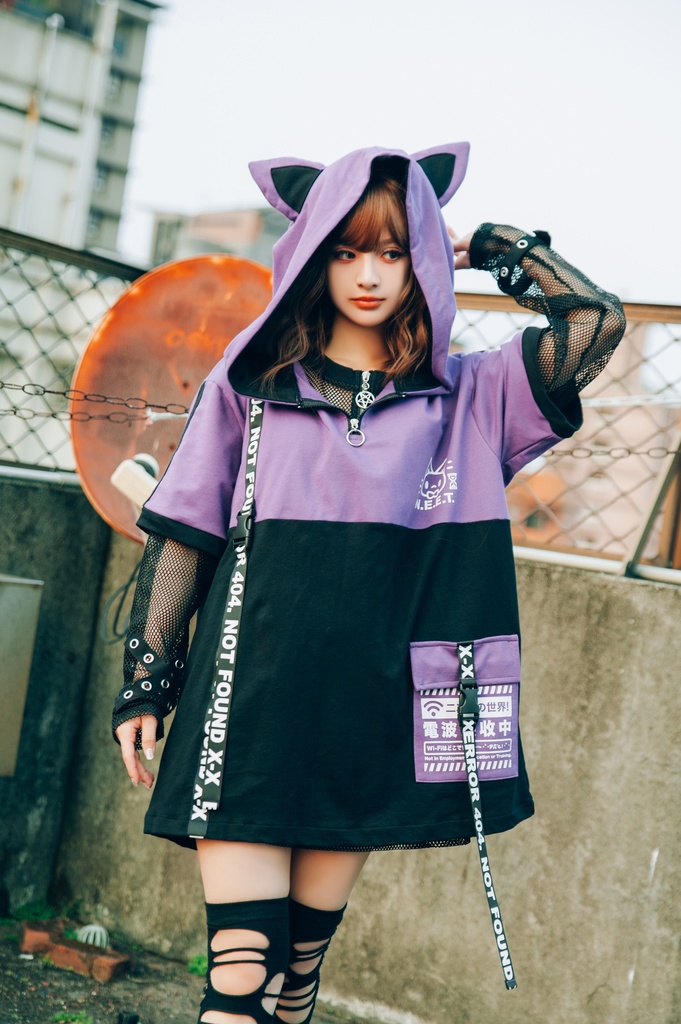 Jillpunk可愛いお宅 アニメ ニ次コン 機動警察 NEET 自宅警備員 電波ネコ ジッパーネック 工業風ポケット 猫耳 樹脂バックルベルト付き ゆったり半袖 パーカー オリジナル メンズ レディーズ おしゃれ 男女兼用 ファッション 秋葉系