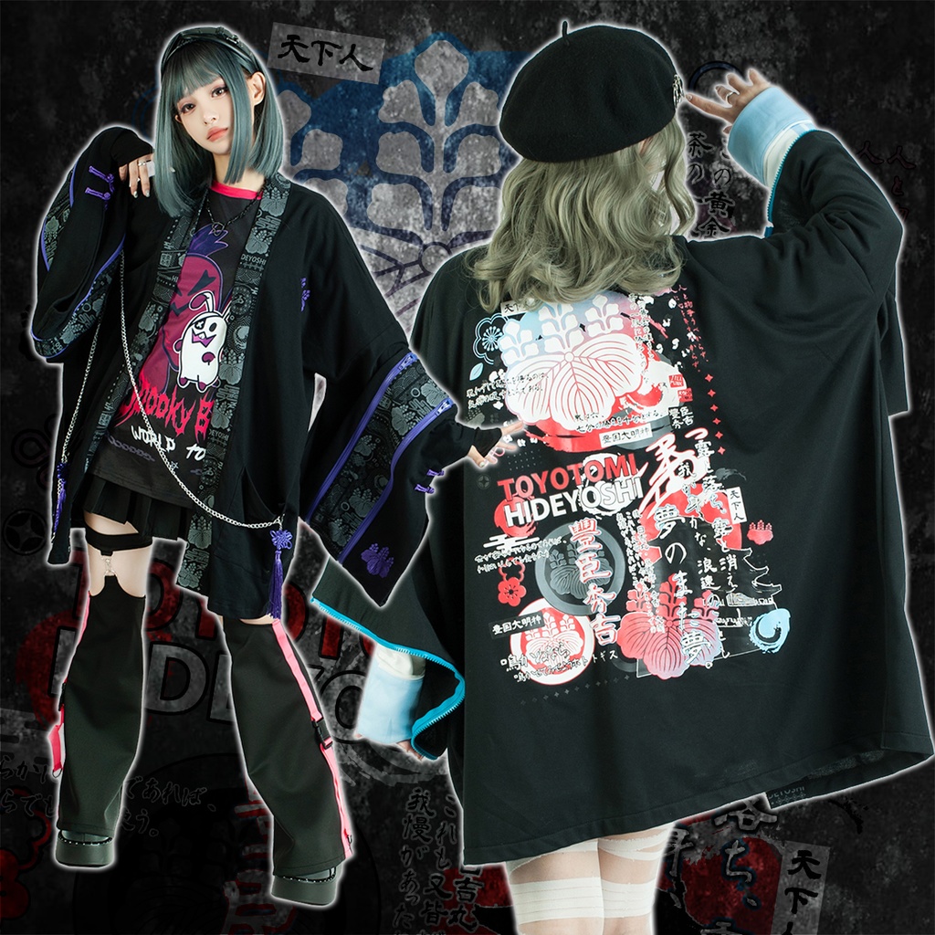 Jillpunk 和風モード 和柄 戦国武将物語 豊臣秀吉 夢のまた夢 武将譚 家紋刺繡 チャイナ結びタッセル付き 振袖現代羽織 和装ジャケット オリジナル メンズ レディー V系 カッコいい おしゃれ 男女兼用ファッション