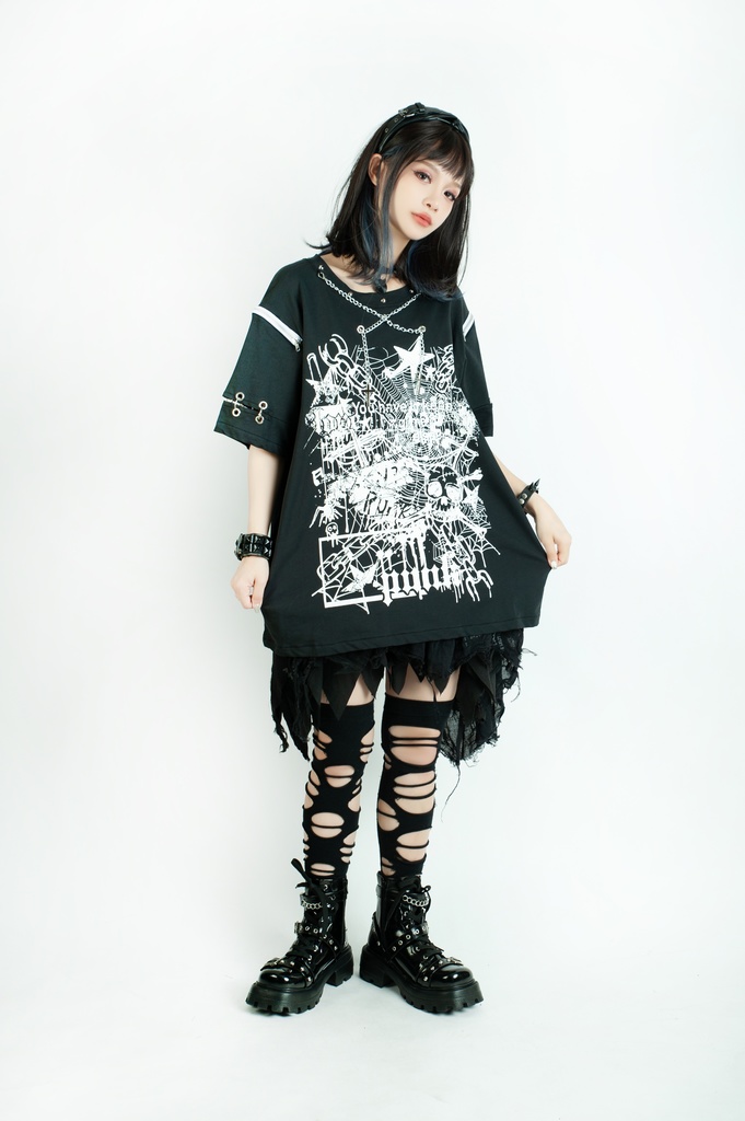 Jillpunk ビジュアル系 パンクロック バンギャ 兄系 失われたランド チャック穴あき クロスチャーム 鎖チェーン付き ゆったりカットソー 半袖Tシャツ メンズ レディーズ ファッション おしゃれ男女兼用カッコいい