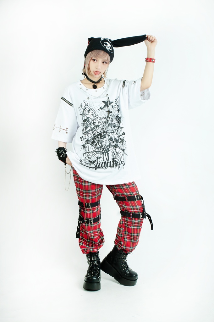 Jillpunk ビジュアル系 パンクロック バンギャ 兄系 失われたランド チャック穴あき クロスチャーム 鎖チェーン付き ゆったりカットソー 半袖Tシャツ メンズ レディーズ ファッション おしゃれ男女兼用カッコいい