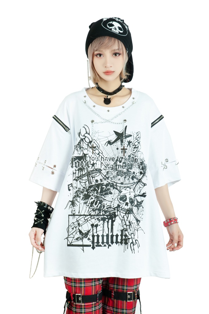 Jillpunk ビジュアル系 パンクロック バンギャ 兄系 失われたランド チャック穴あき クロスチャーム 鎖チェーン付き ゆったりカットソー 半袖Tシャツ メンズ レディーズ ファッション おしゃれ男女兼用カッコいい