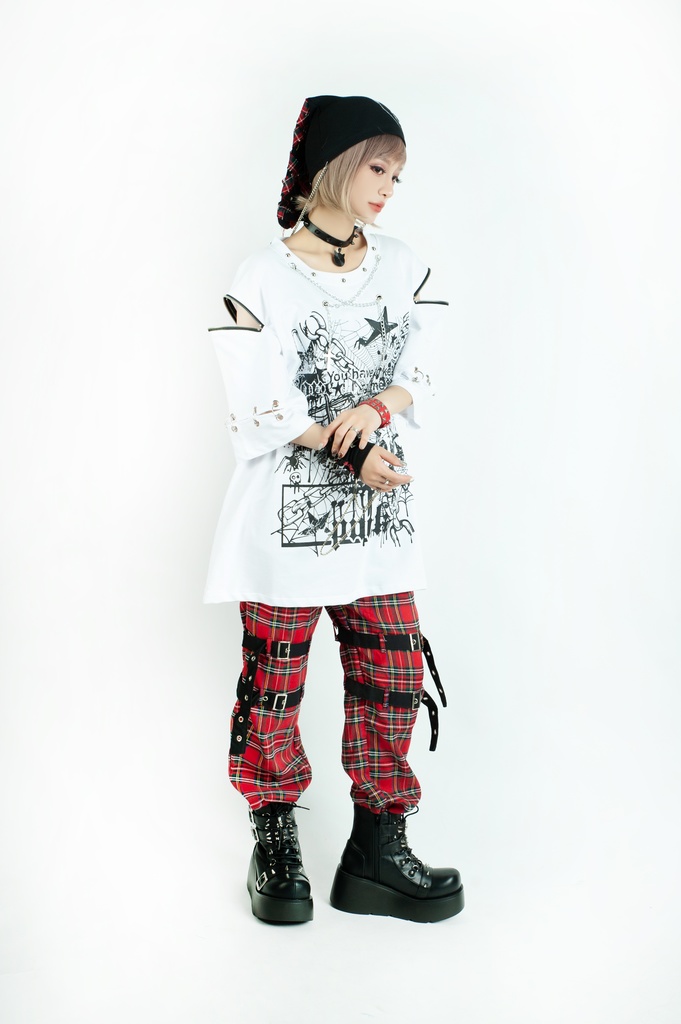 Jillpunk ビジュアル系 パンクロック バンギャ 兄系 失われたランド チャック穴あき クロスチャーム 鎖チェーン付き ゆったりカットソー 半袖Tシャツ メンズ レディーズ ファッション おしゃれ男女兼用カッコいい