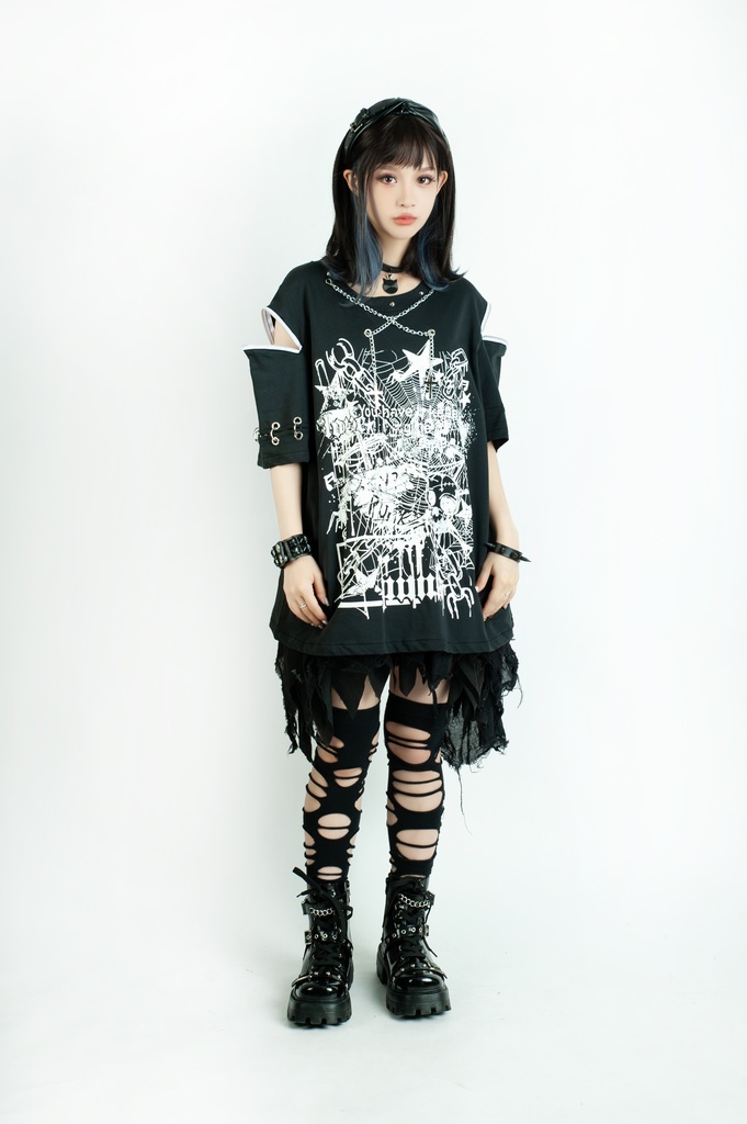 Jillpunk ビジュアル系 パンクロック バンギャ 兄系 失われたランド チャック穴あき クロスチャーム 鎖チェーン付き ゆったりカットソー 半袖Tシャツ メンズ レディーズ ファッション おしゃれ男女兼用カッコいい