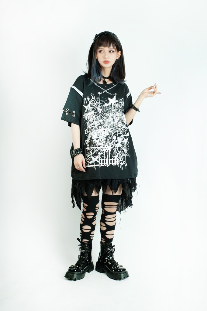 Jillpunk ビジュアル系 パンクロック バンギャ 兄系 失われたランド チャック穴あき クロスチャーム 鎖チェーン付き ゆったりカットソー 半袖Tシャツ メンズ レディーズ ファッション おしゃれ男女兼用カッコいい