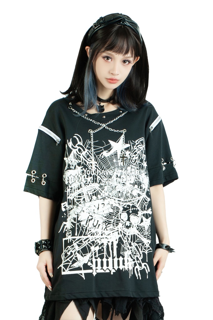 Jillpunk ビジュアル系 パンクロック バンギャ 兄系 失われたランド チャック穴あき クロスチャーム 鎖チェーン付き ゆったりカットソー 半袖Tシャツ メンズ レディーズ ファッション おしゃれ男女兼用カッコいい