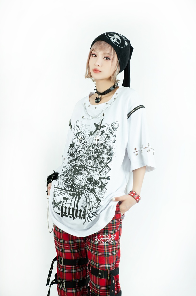 Jillpunk ビジュアル系 パンクロック バンギャ 兄系 失われたランド チャック穴あき クロスチャーム 鎖チェーン付き ゆったりカットソー 半袖Tシャツ メンズ レディーズ ファッション おしゃれ男女兼用カッコいい