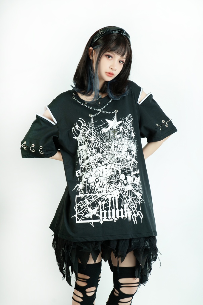 Jillpunk ビジュアル系 パンクロック バンギャ 兄系 失われたランド チャック穴あき クロスチャーム 鎖チェーン付き ゆったりカットソー 半袖Tシャツ メンズ レディーズ ファッション おしゃれ男女兼用カッコいい