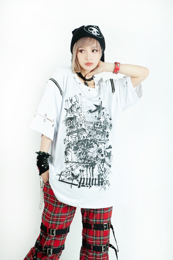 Jillpunk ビジュアル系 パンクロック バンギャ 兄系 失われたランド チャック穴あき クロスチャーム 鎖チェーン付き ゆったりカットソー 半袖Tシャツ メンズ レディーズ ファッション おしゃれ男女兼用カッコいい