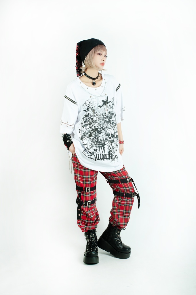 Jillpunk ビジュアル系 パンクロック バンギャ 兄系 失われたランド チャック穴あき クロスチャーム 鎖チェーン付き ゆったりカットソー 半袖Tシャツ メンズ レディーズ ファッション おしゃれ男女兼用カッコいい