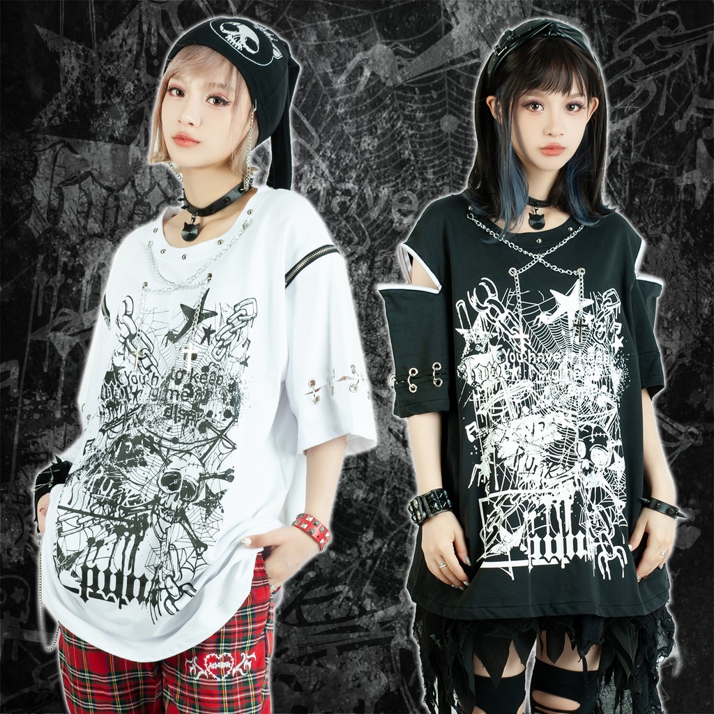 Jillpunk ビジュアル系 パンクロック バンギャ 兄系 失われたランド チャック穴あき クロスチャーム 鎖チェーン付き ゆったりカットソー 半袖Tシャツ メンズ レディーズ ファッション おしゃれ男女兼用カッコいい