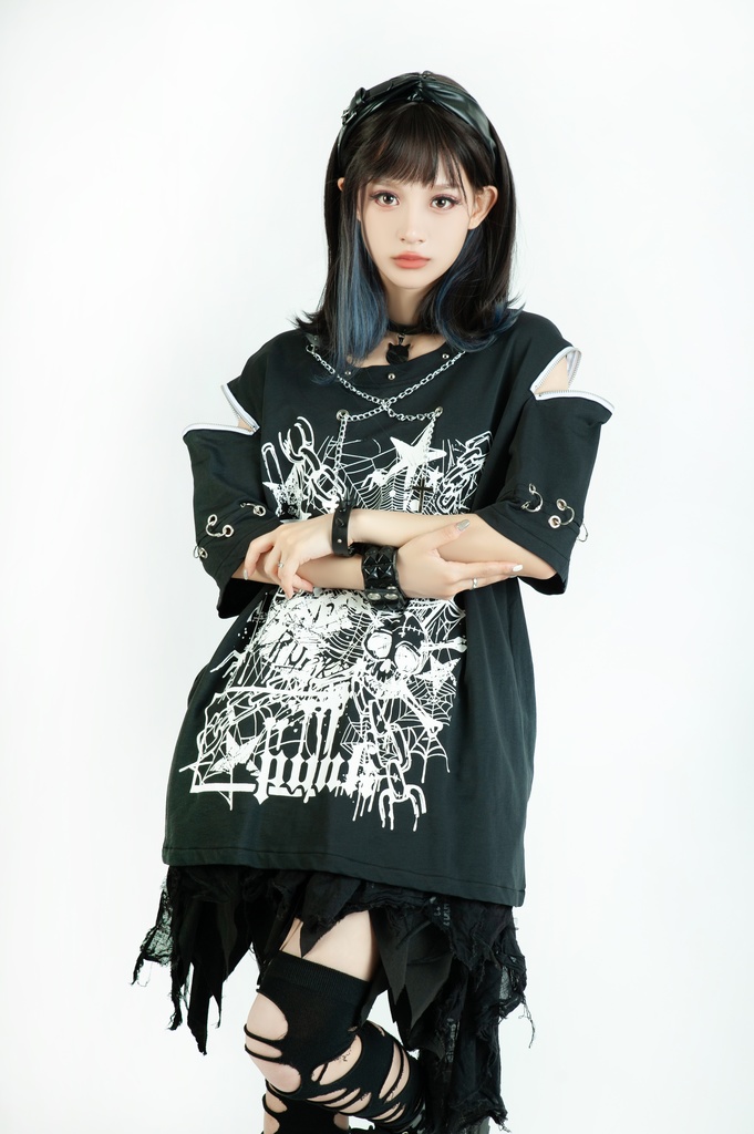 Jillpunk ビジュアル系 パンクロック バンギャ 兄系 失われたランド チャック穴あき クロスチャーム 鎖チェーン付き ゆったりカットソー 半袖Tシャツ メンズ レディーズ ファッション おしゃれ男女兼用カッコいい