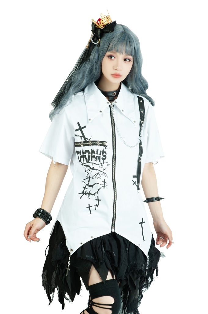 Jillpunk ビジュアル系 パンクロック バンギャ 兄系 暗闇のいばら 腕輪付き バットウィングカラー クロス柄 燕尾 穴あき 半袖 ジップアップ シャツ メンズ レディーズ ファッション おしゃれ男女兼用カッコいい