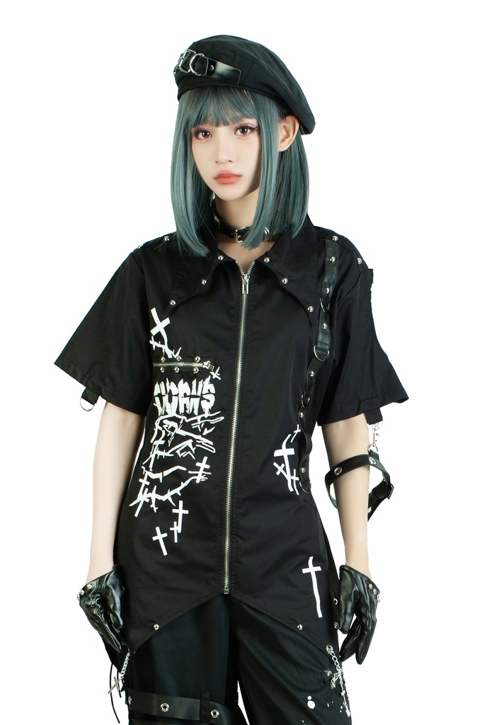 Jillpunk ビジュアル系 パンクロック バンギャ 兄系 暗闇のいばら 腕輪付き バットウィングカラー クロス柄 燕尾 穴あき 半袖 ジップアップ シャツ メンズ レディーズ ファッション おしゃれ男女兼用カッコいい