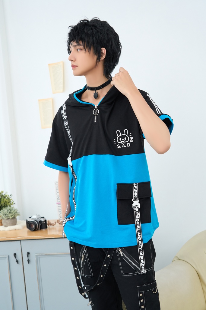 Jillpunk 二次コン 社交恐怖症 SADウサギ 超かわいい お宅 顔文字 工業風ポケット 兎耳 樹脂バックルベルト付き ゆったり半袖 パーカー オリジナル メンズ レディーズ おしゃれ 男女兼用 ファッション 秋葉系