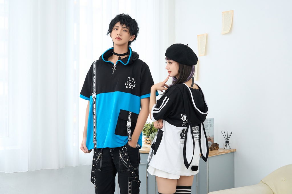 Jillpunk 二次コン 社交恐怖症 SADウサギ 超かわいい お宅 顔文字 工業風ポケット 兎耳 樹脂バックルベルト付き ゆったり半袖 パーカー オリジナル メンズ レディーズ おしゃれ 男女兼用 ファッション 秋葉系