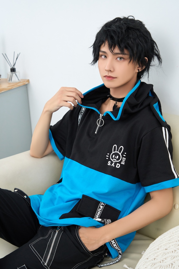 Jillpunk 二次コン 社交恐怖症 SADウサギ 超かわいい お宅 顔文字 工業風ポケット 兎耳 樹脂バックルベルト付き ゆったり半袖 パーカー オリジナル メンズ レディーズ おしゃれ 男女兼用 ファッション 秋葉系